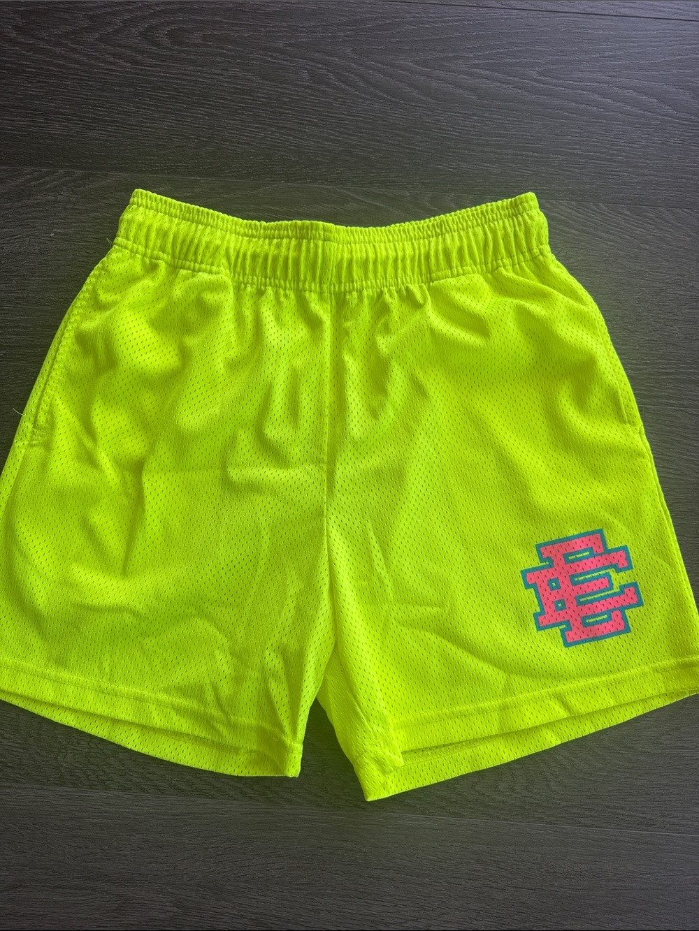 Eric Emanuel Neon Yellow Mesh Athletic Shorts with Pink Logo
